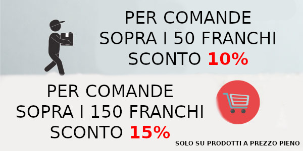 Sconto 10% sopra i 50 franchi su prodotti a prezzo pieno e del 15% sopra i 150 franchi