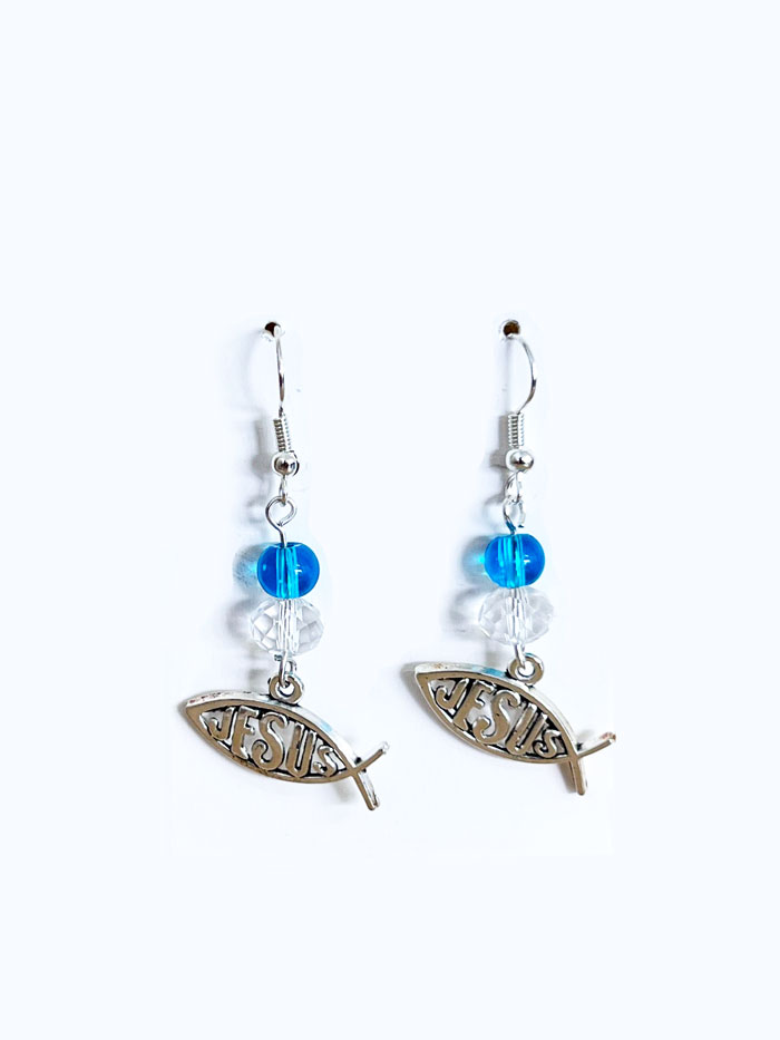 Orecchini Pesce Jesus perlina Azzurra